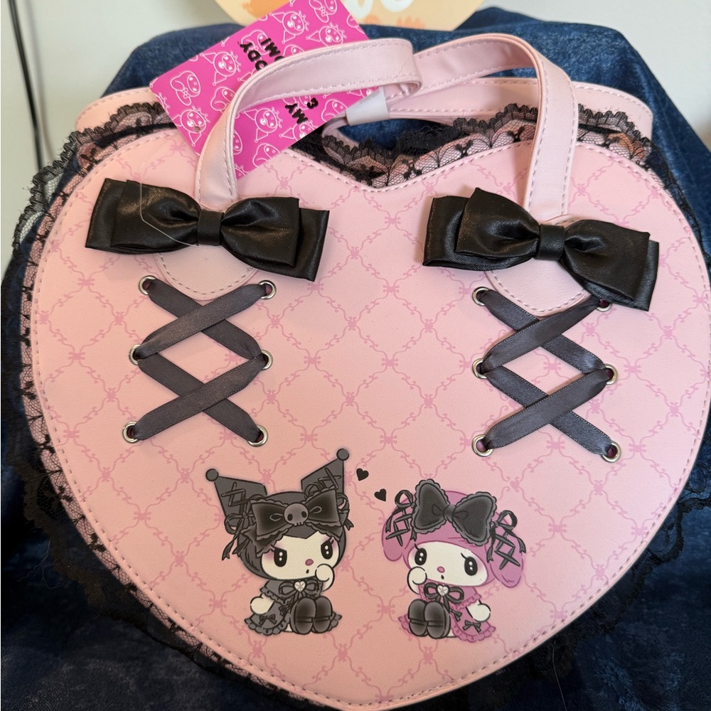 Sanrio Kuromi-My Melody Pink and Black Heart Bag with Corset Lacing - Picture 3 of 7